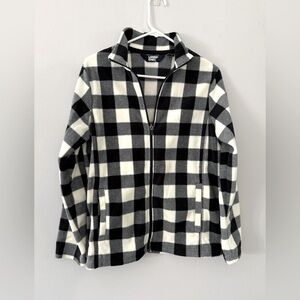 Lands End Full Zip Pullover Fleece Jacket Plaid Black White Soft Comfy Size S M